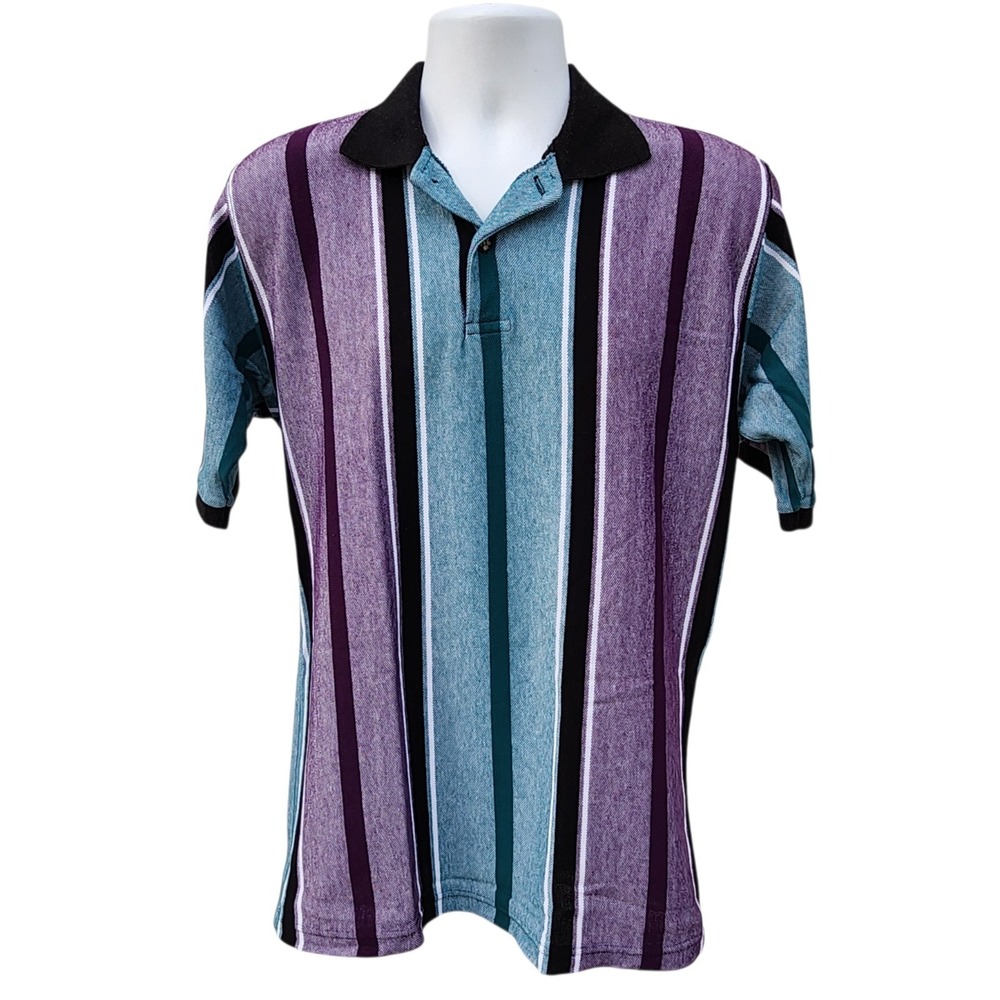 Vintage Tees Striped Polo Shirt Mens Large Purple Blue Short Sleeve Retro